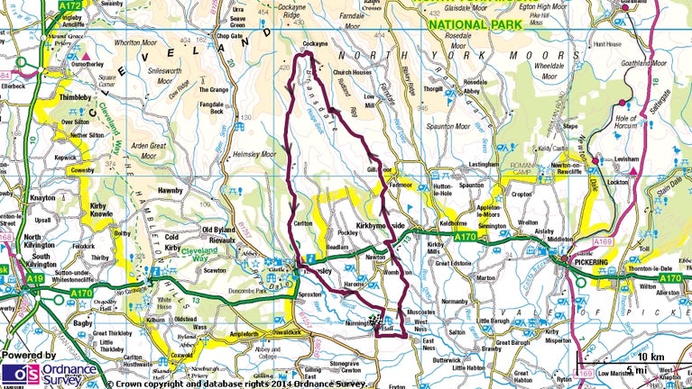 Nunnington Hall to Bransdale cycle loop trail map